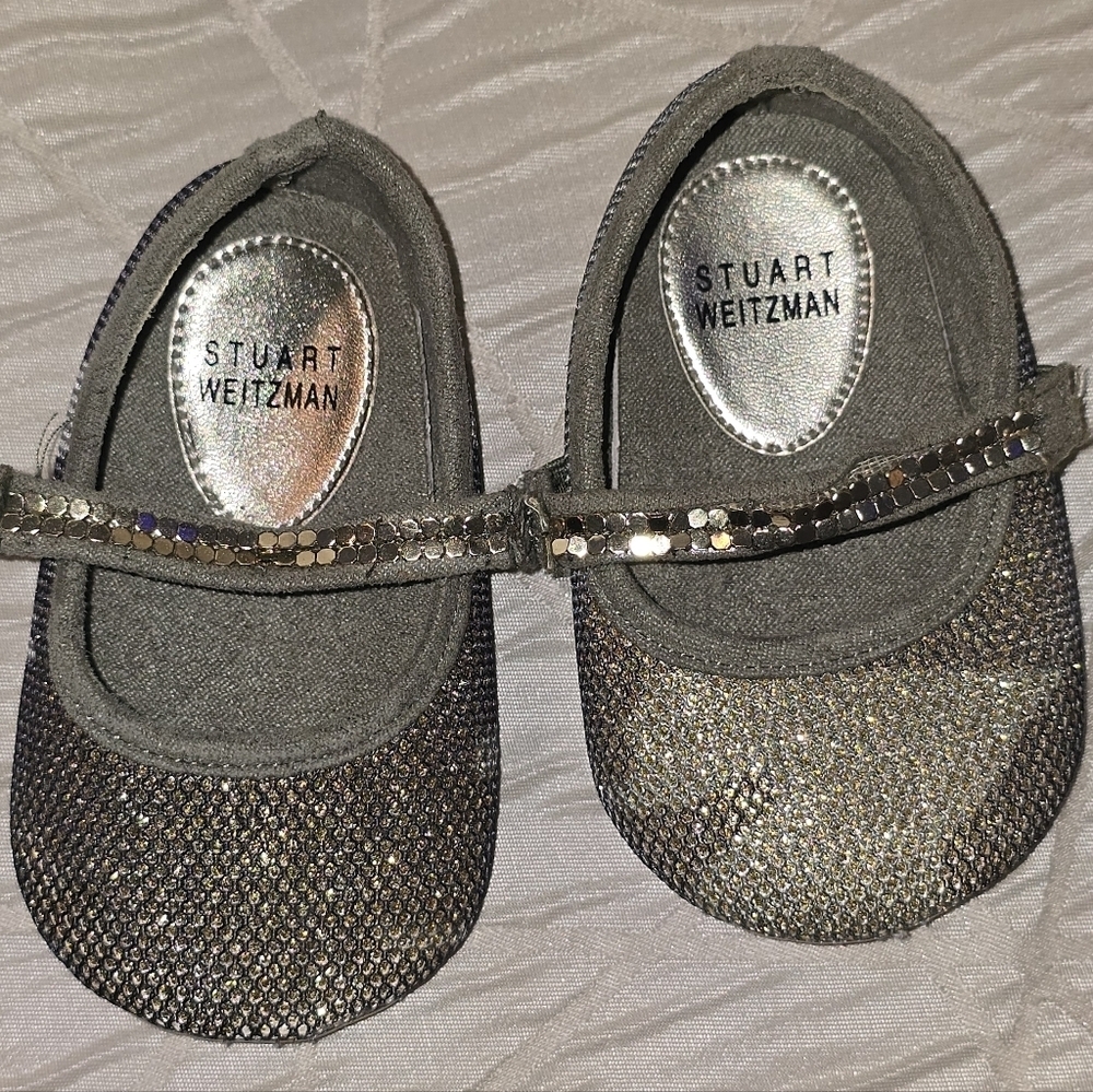 Stuart Weitzman Baby Glitter Ballet Flats UK 5, Silver Mary Jane Dress Shoes